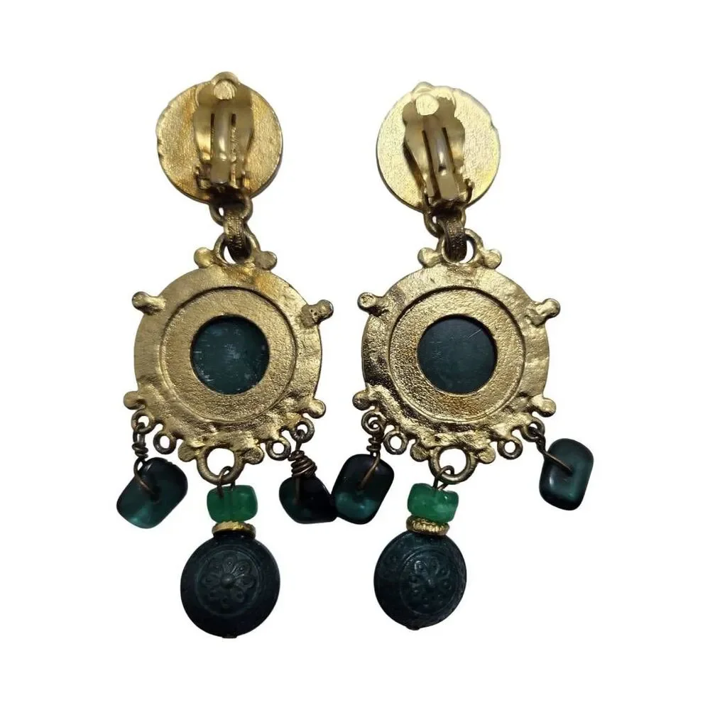 Express Green Cabochon Gold Tone Dangle Clip-On Statement Earrings